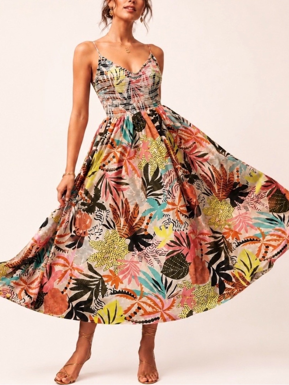 Multicolor Tropical Print Spaghetti-Strap Maxi Dress